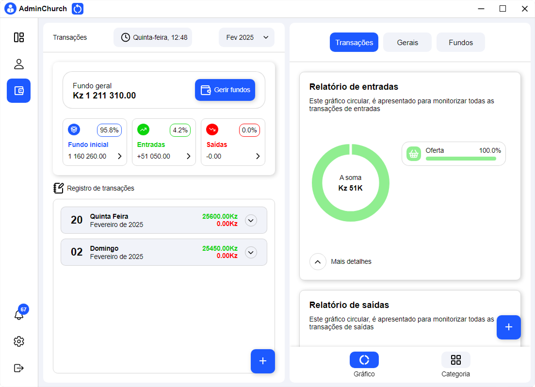 Interface de finanças do AdminChurch mostrando gráficos e relatórios